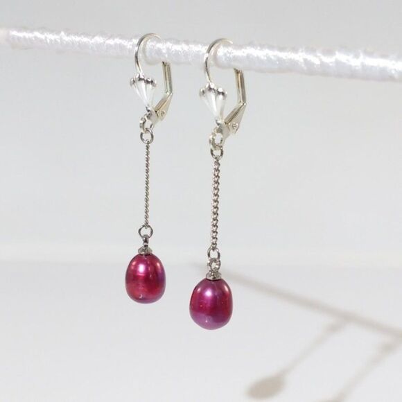 Plum Color Pearl Dangle Earrings - Picture 2 of 4